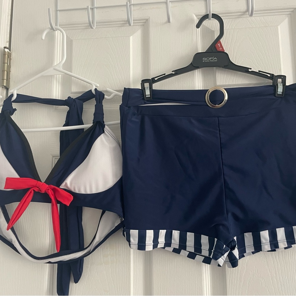 Navy and White Bikini Set with Red Accent